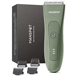 Black rechargeable body hair trimmer with charging dock and four interchangeable guard attachments displayed on white background.