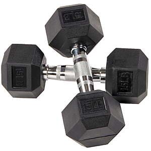Pair of black rubber encased hex dumbbells, 15 lbs each, with hexagonal ends and rubber grip coating.
