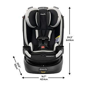 Evenflo Revolve360 Slim rotational car seat with gray and black premium fabric, showing the compact slimline design and quick clean removable cover.