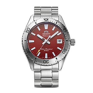 Orient Sports Mako men's watch with 39.9mm round stainless steel case, red dial with silver-tone hands and index markers, unidirectional rotating bezel, sapphire crystal, and matching stainless steel bracelet.