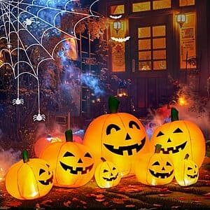 7.5-foot tall inflatable Halloween pumpkin decoration featuring a pumpkin family design in orange with black details, suitable for outdoor yard display.