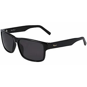 Ferragamo oversized classic rectangle sunglasses with black acetate frame and grey lenses.