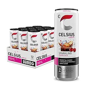 12-pack of CELSIUS Essential Energy Drink in Sparkling Cherry Cola flavor with 12-oz cans.
