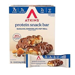 16-pack of Atkins Snack Bars in caramel chocolate nut roll flavor with packaging displaying the product branding.