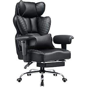 COMHOMA Big & Tall ergonomic gaming chair in Space Black faux leather with integrated footrest and lumbar support pillow.