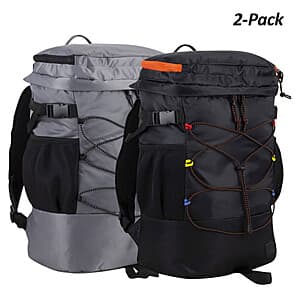 Two BODHI Pro Cyclone Bungee Travel Backpacks in Black and Ash Gray, each 34L capacity with bottle holders and hydration pockets visible.