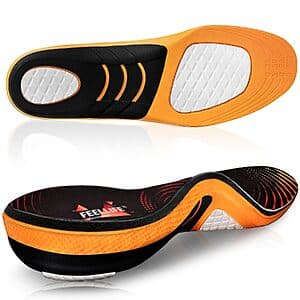 Pair of Feellife gel arch support insoles for plantar fasciitis relief in two color options.