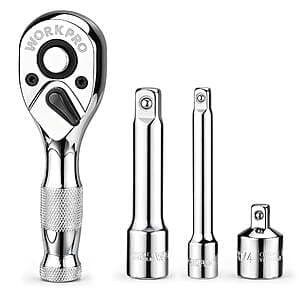 4-Pc WORKPRO 72-Tooth 3/8" Drive Quick-Release Stubby Ratchet & Extension Bar Set $11.20
