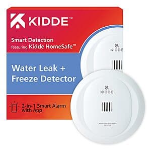 White Kidde WiFi water leak detector device with sensor probe for detecting water leaks and freeze conditions.