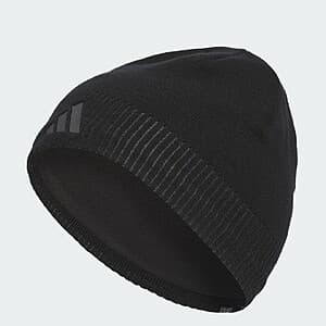 Black adidas Creator Beanie with embroidered adidas branding, displayed flat or on a mannequin showing the knit construction and fold-over cuff design.