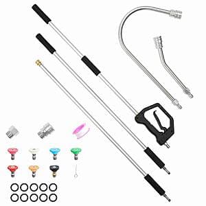 VEVOR aluminum and stainless steel telescoping pressure washer wand with three sections, ergonomic padded grip handle, and support belt attachment, extends to 9 feet.