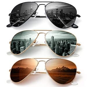 Three pairs of lightweight sunglasses with UV-protected lenses in assorted styles and colors.