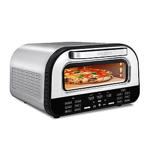 Stainless steel countertop multi-cooker unit with digital control panel, featuring an indoor pizza oven, air fryer, and toaster functions with included pizza stone.