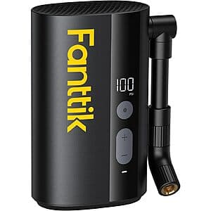 Compact black Fanttik X9 Ace Mini electric bike pump with built-in pressure gauge and dual valve adapters for Presta and Schrader valves.