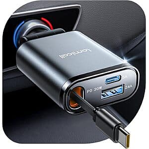 Grey Lamicall car charger with retractable 30W USB-C cable and 57W total output capacity.