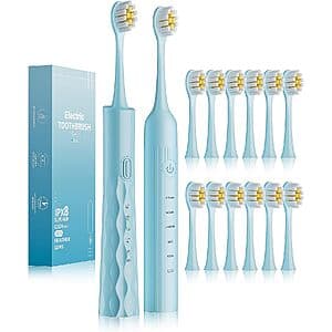2-Pack Aneebart USB Rechargeable Electric Toothbrush w/ 12-Heads from $8