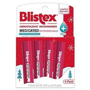 4-Count Blistex Holiday Medicated Lip Moisturizer Balm Sticks (Peppermint) $4.75 w/ Subscribe & Save