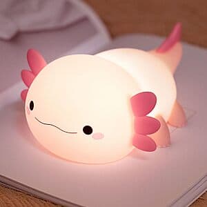 Soft BPA-free silicone axolotl-shaped rechargeable night light in warm light color with tap-touch controls and USB-C charging port.