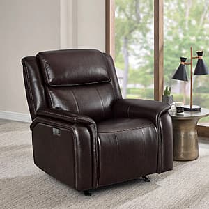 Barcalounger Bryson leather power rocker recliner in brown with power adjustable headrest and reclined position.