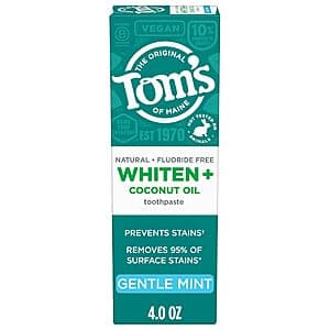 4-Oz Tom's of Maine Whiten Plus Coconut Oil Fluoride Free Toothpaste (Gentle Mint) $1.70 w/ S&S