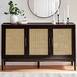 Better Homes & Gardens Springwood Caning Sideboard with charcoal finish featuring decorative caning on cabinet doors.