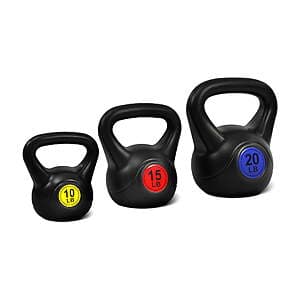 Black sand-filled kettlebells with color-coded yellow, green, blue, and red marks showing 5, 10, 15, and 20 lb weights.