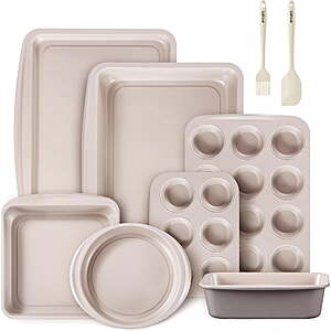 CAROTE 9-piece nonstick bakeware set in gray and khaki showing stacked baking pans including cookie sheet, muffin, bread, cake, loaf and roasting pans.