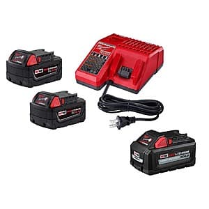 Milwaukee battery kit containing two 5 Ah batteries, one 6 Ah battery, and a charger.