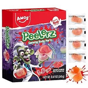 Box of Amos Halloween Peelerz Body Parts Gummy Candy featuring 48 individual peelable gummy candies with colorful body part shapes.