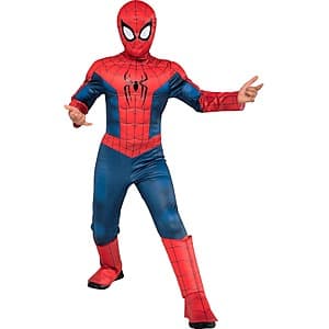 Jazwares Marvel Spider-Man Brand New Day padded jumpsuit costume in red and blue with attached fabric mask for children.