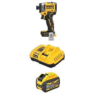 DEWALT 20V MAX XR cordless impact driver with black and yellow casing, alongside FLEXVOLT 9.0Ah battery pack and charger.