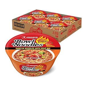 Six-pack of Nongshim Spicy Kimchi Ramen Noodles Bowls, each 3.03 oz, packaged together.