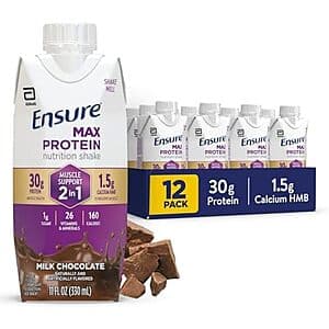12-pack of Ensure Max 30g Protein Shake in Milk Chocolate flavor with 11 oz bottles.
