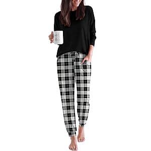 2-Pc Ekouaer Women's Long Sleeve Shirt & Pants Pajamas Lounge Set $12
