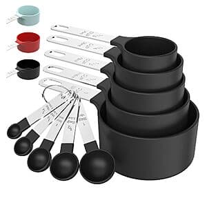 TILUCK 10-piece measuring set with five stainless steel cups and five spoons in food-grade stainless steel and food-safe plastic.