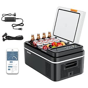 Vevor portable compressor cooler with white and black exterior, featuring compact rectangular design suitable for vehicle or home use.