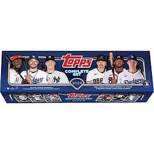 Factory sealed 2024 Topps Baseball Complete Set box with blue and white packaging containing complete set of 2024 baseball trading cards.