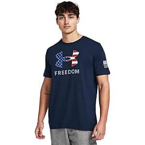 White Under Armour Men's Freedom Graphic Short Sleeve T-Shirt with Team Royal colour accents, displayed as a folded garment.