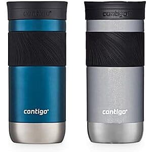 Two Contigo Byron 2.0 Snapseal stainless steel insulated travel mugs in 16 oz size with black or dark-colored exterior and secure snap-seal lids.