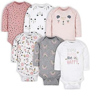 6-Pack Gerber Baby Girls' Long-Sleeve Onesies Bodysuits (Various) $10