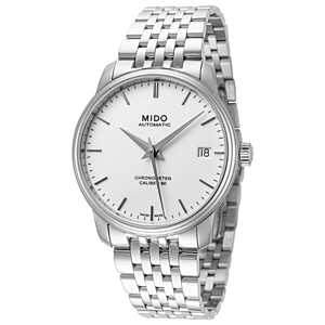 Mido Baroncelli III women's watch with 34mm silver-tone stainless steel round case, white dial with date window at 3 o'clock, sapphire crystal, and matching silver bracelet with deployment clasp.