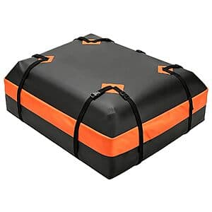 Yellow DUMOS 15 cu. ft. waterproof car roof cargo carrier with reinforced straps and sealed seams.