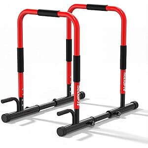 Red adjustable dip bar station with foam handles, rated for 420-lb weight capacity.