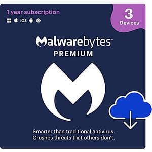 1-Year Malwarebytes Premium (3-Devices/Digital Download) $15