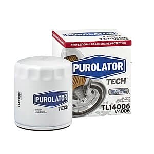 Purolator TL14006 PurolatorTECH spin-on oil filter with metallic finish and printed product labeling.