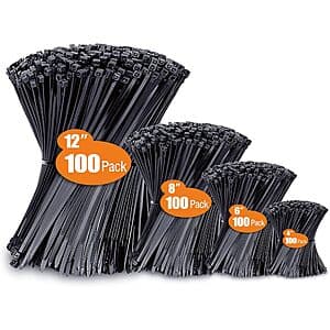 400-Pack Black Cable Zip Ties (Various Sizes) $6