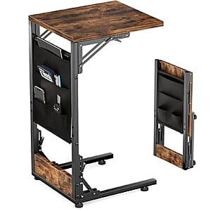 Rustic brown folding C-shaped side table with storage bag, compact dimensions suitable for living spaces and small areas.