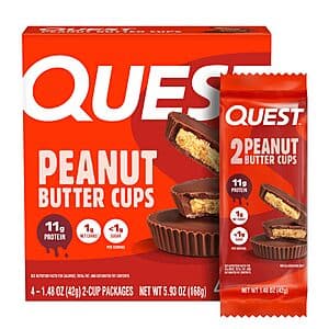 Quest Nutrition Peanut Butter Cups packaging with product visible, highlighting the 11g protein content on the label.