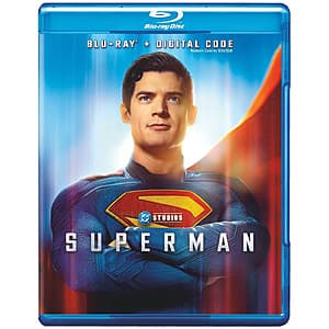 Superman (2025) Blu-ray case with disc, featuring the film's artwork and digital code.