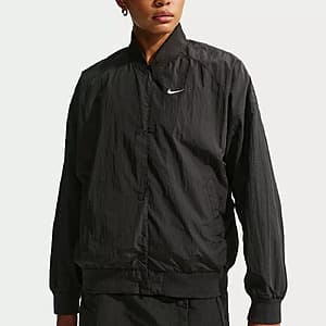 Black Nike Women's Sportswear Varsity Jacket with ribbed collar and sleeve cuffs.
